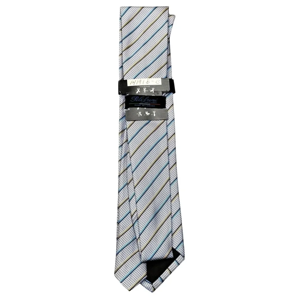 NWT Polifroni Milano Tie Mens Blue Gold Striped Italian Silk Handmade Necktie‎